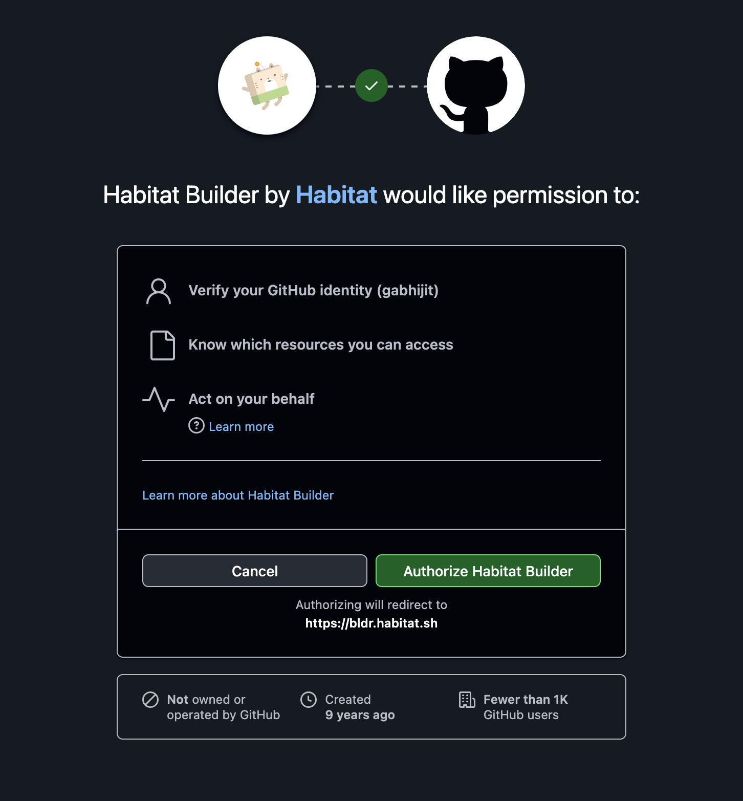 Chef Habitat and GitHub authorization screen.